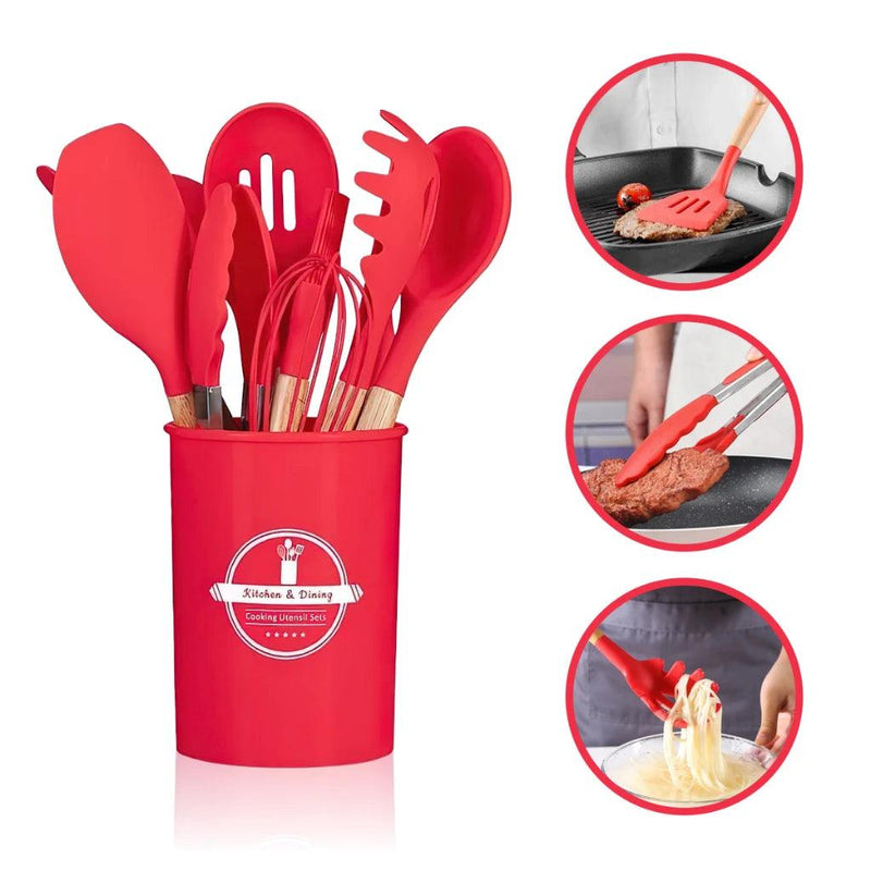 Kit Utensílios de Silicone com Cabo de Madeira – 12 Peças