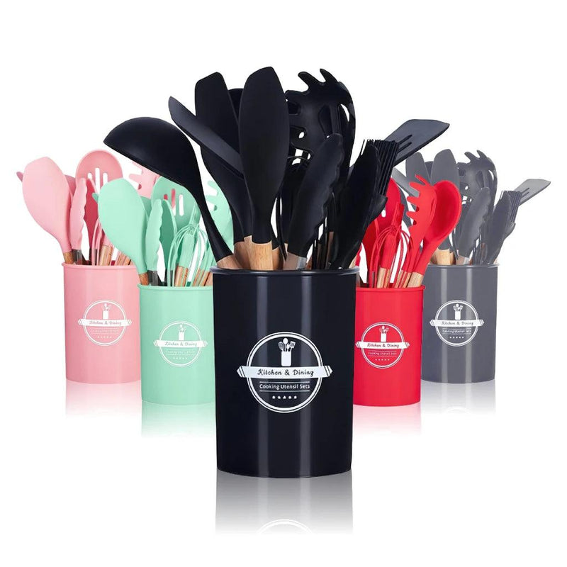Kit Utensílios de Silicone com Cabo de Madeira – 12 Peças