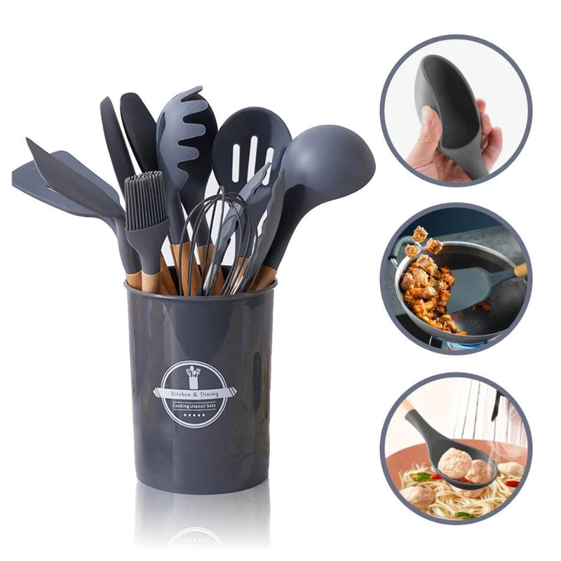 Kit Utensílios de Silicone com Cabo de Madeira – 12 Peças