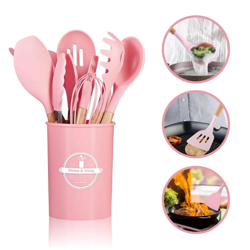 Kit Utensílios de Silicone com Cabo de Madeira – 12 Peças
